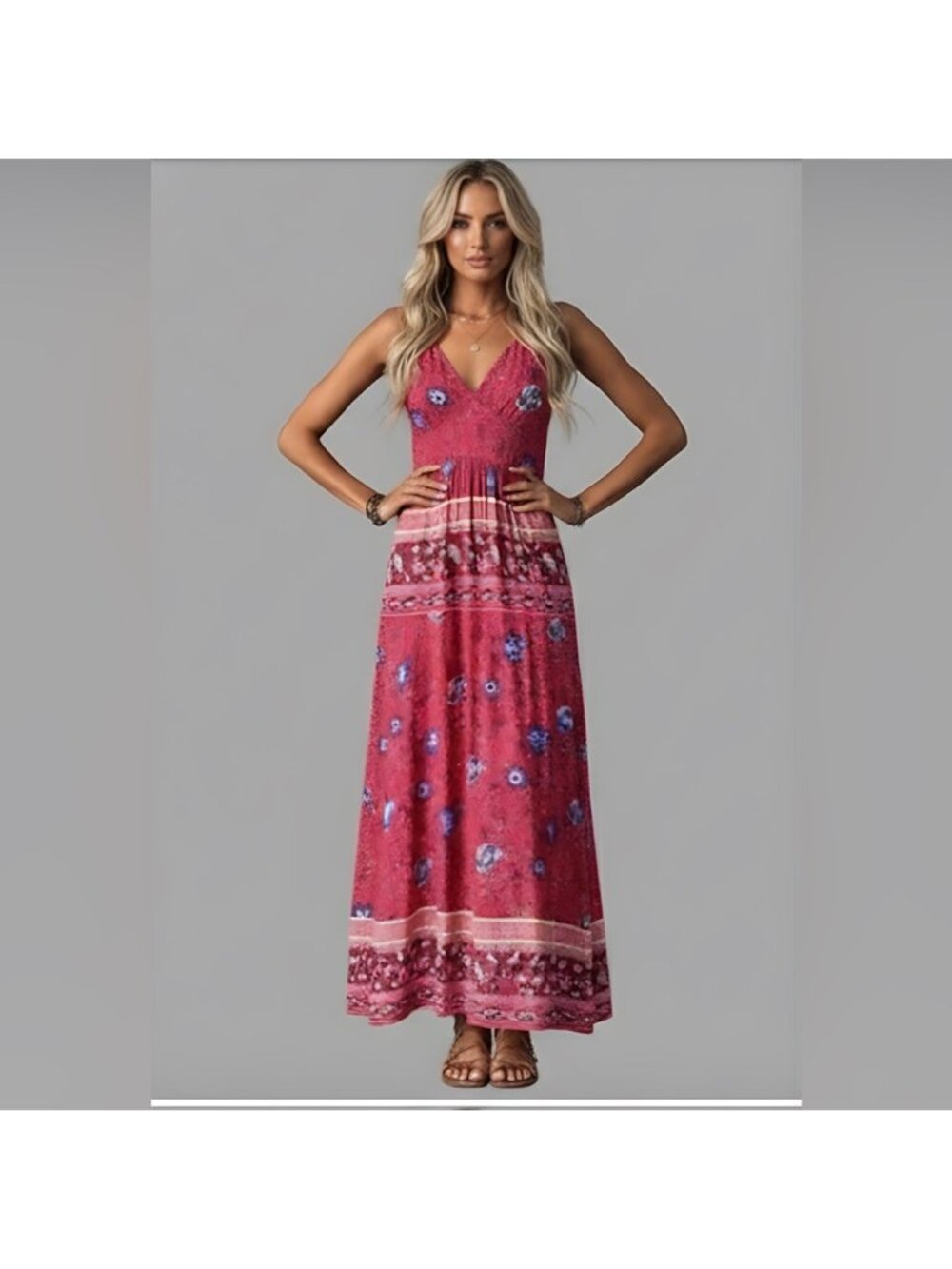 Boho Floral Print Shirred Dress Red